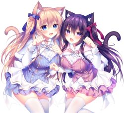 Rule 34 | 2girls, :d, animal ears, blonde hair, blue bow, blue capelet, blue eyes, blush, bow, breasts, capelet, cat ears, cat girl, cat tail, commentary request, fang, fur-trimmed capelet, fur trim, hair between eyes, hair bow, hands up, long hair, long sleeves, looking at viewer, medium breasts, multiple girls, one side up, open mouth, original, paw pose, pink capelet, pleated skirt, purple eyes, purple hair, red bow, shirt, simple background, skirt, smile, sorai shin&#039;ya, tail, thighhighs, traene (sorai shin&#039;ya), very long hair, white background, white legwear, white shirt, white skirt