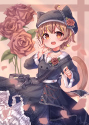 Rule 34 | 1girl, ahoge, animal ears, animal hat, annin miru, annin miru channel, black bow, black choker, black dress, black hat, bow, breasts, brown background, brown eyes, brown flower, brown hair, brown rose, cat ears, cat girl, cat hat, cat tail, choker, collarbone, commentary request, dress, fake animal ears, flower, frilled dress, frills, hand up, hat, highres, long sleeves, looking at viewer, maka neko, open mouth, petals, rose, sailor collar, sailor dress, short hair, sleeves past wrists, small breasts, solo, striped clothes, striped dress, tail, teeth, upper teeth only, vertical-striped clothes, vertical-striped dress, virtual youtuber, white sailor collar, wide sleeves