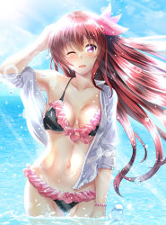 Rule 34 | 10s, 1girl, bikini, black bikini, brown hair, cloud, cowboy shot, day, frilled bikini, frills, front-tie top, gluteal fold, hair ornament, highres, kantai collection, kisaragi (kancolle), light rays, long hair, looking at viewer, navel, one eye closed, partially submerged, purple eyes, sky, solo, sunbeam, sunlight, swimsuit, takamichis211, wading, water