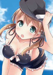Rule 34 | 10s, 1girl, absurdres, anchor hair ornament, aqua eyes, bent over, bikini, black bikini, blonde hair, blush, breasts, cleavage, frilled bikini, frills, gradient background, hair ornament, hat, highres, kantai collection, long hair, looking at viewer, mitsuki yuu, open mouth, peaked cap, prinz eugen (kancolle), solo, swimsuit, twintails
