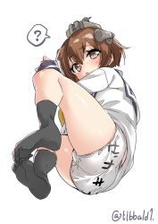 Rule 34 | 1girl, ?, ass, bad id, bad twitter id, black socks, blush, brown eyes, brown hair, clothes writing, dress, ebifurya, full body, hair between eyes, highres, inactive account, kantai collection, long sleeves, looking at viewer, no shoes, panties, sailor dress, short hair, simple background, socks, solo, spoken question mark, twitter username, underwear, underwear writing, white background, white panties, yukikaze (kancolle)