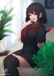 Rule 34 | 1girl, :d, absurdres, artist name, bad id, bad pixiv id, black-haired demon girl (shimmer), black hair, black nails, black sailor collar, black serafuku, black shirt, black skirt, black thighhighs, blurry, blurry background, breasts, couch, day, demon girl, demon horns, demon tail, depth of field, hand to own mouth, hand up, highres, horns, indoors, looking at viewer, medium breasts, nail polish, neckerchief, on couch, open mouth, original, plant, pleated skirt, potted plant, red eyes, red neckerchief, sailor collar, school uniform, serafuku, shimmer, shirt, skirt, smile, solo, tail, thighhighs