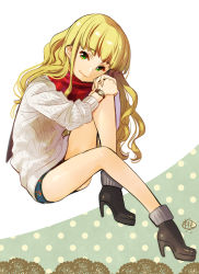 Rule 34 | 1girl, absurdres, bare legs, blonde hair, boots, character request, closed mouth, from side, full body, green eyes, hands on own knees, high heel boots, high heels, highres, long hair, long sleeves, looking at viewer, momoyama hinase, red scarf, ribbed sweater, scarf, school girl strikers, sitting, sketch, smile, solo, sweater, very long hair, watch, white background, white sweater, wristwatch