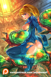 Rule 34 | 1girl, artist name, ass, blonde hair, blue eyes, breast cutout, breasts, crotch cutout, from behind, looking back, metroid, metroid (creature), mole, mole under mouth, nintendo, nipples, open mouth, patreon, ponytail, psychowolf, samus aran, sideboob, torn clothes, watermark, web address, zero suit