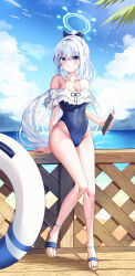 Rule 34 | 1girl, absurdres, bare shoulders, blue archive, blue one-piece swimsuit, blush, breasts, cellphone, cleavage, cloud, collarbone, covered navel, day, full body, hair ornament, halo, highleg, highleg swimsuit, highres, holding, holding phone, innertube, large breasts, long hair, looking at viewer, miyako (blue archive), off shoulder, one-piece swimsuit, outdoors, parted lips, phone, ponytail, purple eyes, smartphone, sob (submar1089), solo, standing, swim ring, swimsuit, thighs, white hair