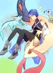 Rule 34 | 1girl, aqua (kingdom hearts), artist request, bare shoulders, blue eyes, blue hair, blush, boots, breasts, bubble, creatures (company), crossover, game freak, gen 1 pokemon, gen 3 pokemon, horsea, kingdom hearts, kingdom hearts birth by sleep, milotic, nintendo, pokemon, pokemon (creature), short hair, smile, thighhighs, vaporeon, water