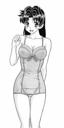 Rule 34 | 1girl, absurdres, breasts, cleavage, futari ecchi, greyscale, highres, katsu aki, long hair, medium breasts, monochrome, onoda yura, solo, swimsuit