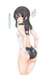 Rule 34 | 1girl, ass, bad id, bad twitter id, black eyes, black hair, black legwear, breasts, competition swimsuit, hair ornament, hairclip, highres, kantai collection, long hair, looking at viewer, one-piece swimsuit, open mouth, oyashio (kancolle), simple background, small breasts, solo, swimsuit, translation request, twitter username, white background, z5987