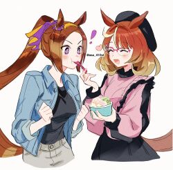 Rule 34 | !, 2girls, animal ears, asa (asa 410st), beret, black hat, black shirt, black skirt, blue jacket, blush, breasts, brown hair, clenched hands, closed mouth, cropped torso, cup, feeding, food, glasses, hairband, hat, heart, holding, holding cup, holding spoon, horse ears, horse girl, horse tail, ice cream, jacket, long hair, medium hair, multicolored hair, multiple girls, north flight (umamusume), open clothes, open jacket, open mouth, pink shirt, purple eyes, sakura bakushin o (umamusume), semi-rimless eyewear, shirt, simple background, skirt, sleeves rolled up, small breasts, smile, spoon, streaked hair, tail, umamusume, upper body, white background