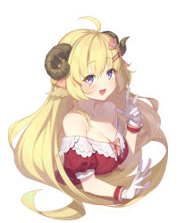 Rule 34 | 1girl, :d, absurdres, ahoge, animal ears, blonde hair, blush, bow, braid, breasts, cleavage, collarbone, frostcyco, gloves, hair between eyes, hair flowing over, hair ornament, hair over shoulder, hairclip, highres, hololive, horns, large breasts, long hair, looking at viewer, off shoulder, open mouth, puffy short sleeves, puffy sleeves, purple eyes, sheep girl, sheep horns, short sleeves, sidelocks, simple background, smile, solo, tsunomaki watame, upper body, very long hair, virtual youtuber, white background, white gloves