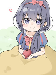 Rule 34 | 1girl, apple, black hair, blue shirt, blush stickers, bow, brown skirt, closed mouth, commentary request, cosplay, food, fruit, hair between eyes, hair bow, hairband, heart, highres, holding, holding food, holding fruit, kapuru 0410, long hair, looking at viewer, puffy short sleeves, puffy sleeves, purple eyes, red apple, red bow, red hairband, shirosaki hana, shirt, short sleeves, simple background, skirt, smile, snow white, snow white (grimm), snow white (grimm) (cosplay), snow white and the seven dwarfs, solo, striped clothes, striped shirt, vertical-striped clothes, vertical-striped shirt, watashi ni tenshi ga maiorita!, white background