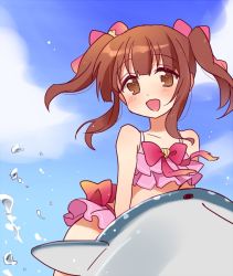 Rule 34 | 1girl, :d, bikini, bow, brown eyes, brown hair, commentary request, day, frilled bikini, frills, hair bow, idolmaster, idolmaster cinderella girls, inflatable shark, inflatable toy, long hair, miyuara, ogata chieri, open mouth, outdoors, pink bikini, red bow, red neckwear, riding, sidelocks, smile, solo, swimsuit, twintails, water drop