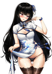 Rule 34 | 1girl, absurdres, black hair, blue flower, blunt bangs, blush, breasts, chinese clothes, cleavage, counter:side, cowboy shot, dragon print, elze (s01047480836), flower, folded fan, folding fan, hair flower, hair ornament, hand fan, hand up, highleg, highleg panties, highres, korean commentary, lifting own clothes, long hair, looking to the side, medium breasts, official alternate costume, open mouth, panties, parted lips, red eyes, shiny skin, short sleeves, shrug (clothing), shy, simple background, solo, tassel, thigh gap, thighhighs, underwear, white background, wristband, xiao lin (counter:side)