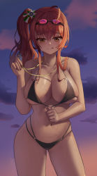 Rule 34 | 1girl, :q, absurdres, ahoge, azur lane, bare arms, bare shoulders, bikini, black bikini, blush, breasts, brown eyes, cleavage, closed mouth, collarbone, commentary, cowboy shot, goggles, goggles on head, hair between eyes, halterneck, halterneck, hand up, highleg, highleg bikini, highres, holding, holding whistle, large breasts, long hair, looking at viewer, multi-strapped bikini, navel, o-ring, o-ring top, official alternate costume, onedoo, red hair, side ponytail, skindentation, sky, solo, standing, stomach, strap pull, string bikini, swimsuit, tongue, tongue out, wet, whistle, whistle around neck, zara (azur lane), zara (poolside coincidence) (azur lane)