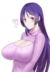 Rule 34 | 1girl, 1nilla&#039;, breasts, cleavage, fate/grand order, fate (series), heart, huge breasts, looking at viewer, meme attire, minamoto no raikou (fate), open-chest sweater, purple eyes, purple hair, ribbed sweater, simple background, smile, solo, sweater, turtleneck, white background