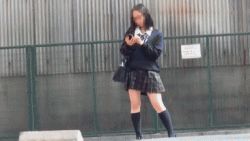 Rule 34 | 1boy, 1girl, animated, animated gif, asian, black hair, censored, clothes lift, humiliation, japanese (nationality), lowres, photo (medium), pubic hair, public indecency, school uniform, skirt, skirt lift, source request, tagme
