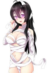 Rule 34 | 1girl, ahoge, bad id, bad pixiv id, bandages, beifeng han, black hair, breasts, female focus, glowing, hair between eyes, hand on own chest, large breasts, long hair, looking at viewer, miyaura sanshio, open mouth, original, purple eyes, simple background, solo, thighs, white background