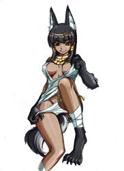 Rule 34 | 1girl, animal ears, anubis (mythology), black hair, breasts, claws, cleavage, dark-skinned female, dark skin, dog ears, dog tail, egyptian, egyptian mythology, fur, gold, highres, jewelry, lots of jewelry, monster girl, panties, panty pull, shoka, sitting, smile, solo, tail, torn clothes, underwear, yellow eyes