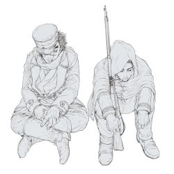 Rule 34 | 2boys, boots, buttons, cape, closed mouth, commentary request, crossed legs, facial hair, facial scar, fingernails, gaiters, golden kamuy, greyscale, gun, hair slicked back, hair strand, hat, hood, hood up, hooded cape, imperial japanese army, jacket, kepi, long sleeves, looking at viewer, looking to the side, male focus, military, military hat, military uniform, monochrome, multiple boys, ngy09, ogata hyakunosuke, rifle, scar, scar on cheek, scar on face, scar on nose, scarf, simple background, sitting, spiked hair, star (symbol), stubble, sugimoto saichi, uniform, weapon