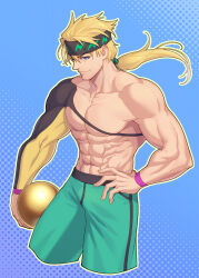 Rule 34 | 1boy, abs, ball, bara, bare pectorals, black headband, blonde hair, blue eyes, bowling ball, cropped legs, fate/grand order, fate (series), green pants, hand on own hip, headband, highres, large pectorals, male focus, muscular, muscular male, nipples, no nipples, obliques, official alternate costume, official alternate hairstyle, pants, pectorals, ponytail, sakata kintoki (all the way bang) (fate), sakata kintoki (fate), sakata kintoki (heian warrior attire) (fate), short hair, single sleeve, smile, solo, stomach, veins, veiny arms, zanshi