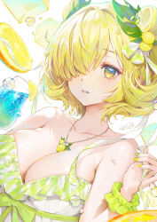 Rule 34 | 1girl, absurdres, bare shoulders, blonde hair, breasts, cleavage, floating, floating object, flower, food, fruit, fruit cup, fruit hat ornament, hair flower, hair ornament, hand up, highres, jewelry, juice, large breasts, leaf, lemon, looking at viewer, necklace, no bra, one eye covered, original, parted lips, rwael, short hair, sleeveless, solo, water drop, white background, yellow eyes, yellow theme