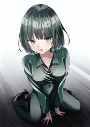 Rule 34 | 1girl, absurdres, black dress, breasts, commentary request, covered collarbone, covered erect nipples, day, dress, earrings, fubuki (one-punch man), green eyes, hair between eyes, highres, jewelry, large breasts, long sleeves, looking at viewer, one-punch man, parted lips, revision, short hair, sitting, solo, thick thighs, thighs, turtleneck, turtleneck dress, yub4