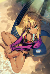 Rule 34 | 1girl, aqua eyes, bare legs, barefoot, beach, bikini, black ribbon, blonde hair, commentary request, dappled sunlight, day, ecien, fate/grand order, fate (series), feet, food, footprints, from above, front-tie bikini top, front-tie top, hair ornament, hair scrunchie, highres, indian style, innertube, long hair, long sleeves, looking at viewer, looking up, mordred (fate), mordred (fate) (all), mordred (fate/apocrypha), mordred (swimsuit rider) (fate), mordred (swimsuit rider) (third ascension) (fate), on ground, open clothes, outdoors, parted bangs, popsicle, red bikini, ribbon, sand, scrunchie, side-tie bikini bottom, sidelocks, sitting, smile, soles, solo, sunlight, surfboard, swim ring, swimsuit, toes, v-shaped eyebrows, water