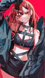 Rule 34 | 1girl, absurdres, arm up, bare shoulders, black jacket, black skirt, blush, collarbone, commentary, crop top, earrings, grin, hair between eyes, head tilt, highres, jacket, jewelry, long hair, looking at viewer, open clothes, open jacket, original, red background, red eyes, red hair, red theme, shiun (siun 5513), simple background, skirt, smile, solo, standing, stud earrings, symbol-only commentary, upper body
