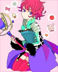 Rule 34 | 1girl, animal, apple, bike shorts, boots, breasts, dress, earrings, flower, food, fruit, harold berselius, heart, ice cream, jewelry, lowres, pink hair, purple eyes, ribbon, short hair, tales of (series), tales of destiny 2, thigh boots, thighhighs