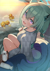 Rule 34 | 1girl, animal ears, blue archive, blue halo, blush, breasts, green hair, grey kimono, hair between eyes, halo, highres, japanese clothes, kimono, long sleeves, medium breasts, medium hair, official alternate costume, onsen, open mouth, purple eyes, rindou ringdong, rubber duck, shigure (blue archive), shigure (hot spring) (blue archive), sitting, smile, solo, tail, water, weasel ears, weasel tail