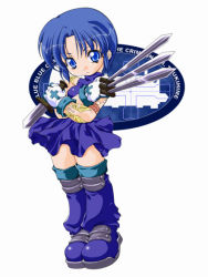 Rule 34 | 00s, 1girl, between fingers, black keys (type-moon), blue eyes, blue hair, blue thighhighs, boots, chibi, chibi only, ciel (tsukihime), cross, gloves, holding, knife, latin cross, matching hair/eyes, purple theme, simple background, solo, thigh boots, thighhighs, tsukihime, white background