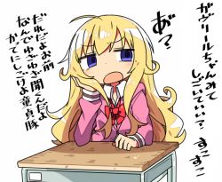 Rule 34 | 10s, 1girl, blonde hair, commentary request, desk, gabriel dropout, kanikama, messy hair, open mouth, school desk, school uniform, simple background, sitting, solo, table, gabriel tenma white, translated, white background