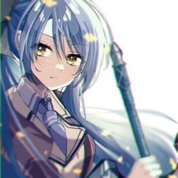 Rule 34 | 1girl, blurry, blurry background, breasts, eiyuu densetsu, hair between eyes, holding, holding sword, holding weapon, large breasts, laura s. arseid, long hair, looking at viewer, natsusechoco, necktie, ponytail, portrait, school uniform, sen no kiseki, solo, sword, thors military academy class vii uniform, uniform, weapon, yellow eyes