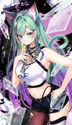 Rule 34 | 1girl, animal ear fluff, animal ears, black shorts, blue eyes, blush, cat ears, cat tail, chain necklace, commentary request, crop top, globie, gradient hair, green hair, hand on own chest, heterochromia, highres, jewelry, long hair, multicolored hair, necklace, pantyhose, purple hair, reina ronronea, shirt, shorts, smile, solo, streaked hair, tail, torn clothes, torn pantyhose, very long hair, virtual youtuber, white shirt, yuki haru