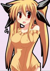 Rule 34 | 00s, akane souichi, bare shoulders, blonde hair, blush, breasts, covered erect nipples, fate testarossa, hair ribbon, huge breasts, large breasts, lyrical nanoha, mahou shoujo lyrical nanoha, naked sweater, nipples, open mouth, ribbon, solo, sweater, twintails