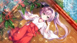 Rule 34 | 1girl, architecture, berry, black bow, black headband, bow, collarbone, dot nose, east asian architecture, film grain, from above, game cg, green eyes, hair intakes, hakama, hands up, headband, izumi tsubasu, japanese clothes, kimono, koi, lens flare, lying, miko, misaki sango, non-web source, official art, on back, on floor, parted lips, plant request, purple hair, re:stage!, red hakama, ripples, solo, sparkle, twintails, water, white kimono
