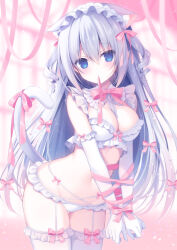 Rule 34 | 1girl, animal ear fluff, animal ears, between breasts, blue eyes, blurry, blurry background, blush, bow, bra, breasts, cat ears, cat girl, cat tail, commentary request, depth of field, elbow gloves, frilled bra, frilled hairband, frilled panties, frilled thighhighs, frills, gloves, grey hair, groin, hair between eyes, hairband, hasune, highres, long hair, medium breasts, mouth hold, navel, original, panties, pink bow, pink ribbon, ribbon, ribbon in mouth, solo, tail, thighhighs, two side up, underwear, underwear only, very long hair, white bra, white gloves, white hairband, white panties, white thighhighs