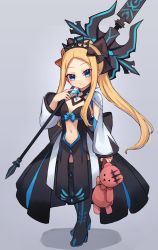 Rule 34 | 1girl, abigail williams (fate), black bow, black dress, black footwear, blonde hair, blue eyes, blush, boots, bow, breasts, center opening, cosplay, dress, fate/grand order, fate (series), forehead, full body, hair bow, highres, long hair, long sleeves, looking at viewer, miya (miyaruta), morgan le fay (fate), morgan le fay (fate) (cosplay), parted bangs, pelvic curtain, polearm, ponytail, sidelocks, small breasts, spear, stuffed animal, stuffed toy, teddy bear, thigh boots, thighhighs, two-tone dress, weapon, white dress