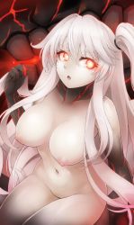 Rule 34 | 10s, 1girl, abyssal ship, aircraft carrier princess, arm at side, breasts, collarbone, colored skin, completely nude, cowboy shot, eyelashes, fingernails, glowing, glowing eyes, hair between eyes, hair ornament, hair tie, hand up, highres, kantai collection, large breasts, legs together, long fingernails, long hair, looking at viewer, medium breasts, nail polish, navel, nipples, no bra, nude, one side up, open mouth, pale skin, pokke (pokke-chan), red eyes, red nails, sharp fingernails, sidelocks, sitting, solo, stomach, teeth, veins, very long hair, white hair, white skin