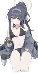 Rule 34 | 1girl, bags under eyes, bikini, black bikini, black hair, blue archive, blue hairband, breasts, cardigan, cup, grey cardigan, grey eyes, hairband, halo, highres, holding, holding cup, ice, ice cube, jewelry, long hair, looking at viewer, makkurourufu, necklace, open cardigan, open clothes, parted lips, ponytail, simple background, sketch, small breasts, solo, sweat, swimsuit, thermos, ui (blue archive), ui (swimsuit) (blue archive), very long hair, wavy mouth, white background