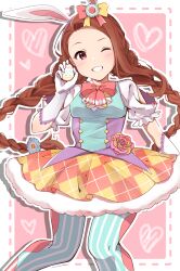 Rule 34 | 1girl, absurdres, animal ears, arm up, blush, braid, brown eyes, brown hair, dress, easter, easter egg, egg, elbow gloves, fake animal ears, flower, forehead, gloves, grid background, hair flower, hair ornament, hairband, heart, highres, holding, holding egg, idolmaster, idolmaster (classic), idolmaster million live!, idolmaster million live! theater days, long hair, looking at viewer, maa (io 215), minase iori, multicolored clothes, multicolored dress, multicolored legwear, one eye closed, open mouth, outside border, pigeon-toed, pink background, plaid, plaid dress, rabbit ears, red eyes, red ribbon, ribbon, sash, short sleeves, smile, solo, twin braids, two-tone background, white background, white gloves, yellow ribbon