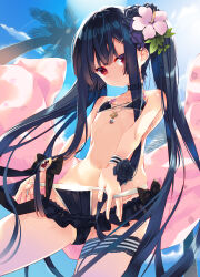 Rule 34 | 1girl, arikawa satoru, bikini, bikini pull, black bikini, black bow, black choker, black flower, black hair, blue sky, blunt bangs, bow, choker, clothes pull, collarbone, day, flat chest, floating hair, flower, flower knight girl, from below, gem, hair flower, hair ornament, highres, long hair, looking down, outdoors, palm tree, pulling own clothes, red eyes, red gemstone, sky, solo, sunlight, swimsuit, torikabuto (flower knight girl), tree, twintails, very long hair, white flower