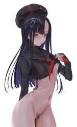 Rule 34 | 1girl, asymmetrical bangs, beret, black hair, black hat, black serafuku, bottomless, breasts, cleft of venus, closed mouth, colored inner hair, elazale, eunhwa (nikke), female pubic hair, forehead, goddess of victory: nikke, hat, highres, light blush, long hair, looking at viewer, mole, mole under mouth, multicolored hair, navel, neckerchief, nipples, pubic hair, purple eyes, purple hair, pussy, red neckerchief, school uniform, serafuku, simple background, small breasts, solo, white background