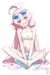 Rule 34 | 1girl, absurdres, ahoge, barefoot, bikini, blue-tinted eyewear, blue archive, breasts, butterfly sitting, commentary, eyewear on head, feet, frilled bikini, frills, hair bobbles, hair ornament, halo, heterochromia, highres, hoshino (blue archive), hoshino (swimsuit) (blue archive), knees apart feet together, legs, long hair, looking at viewer, low twintails, makicha (sasurainopink), midriff, navel, pink hair, sitting, small breasts, solo, sunglasses, swimsuit, tinted eyewear, toenails, toes, twintails, white-framed eyewear, white bikini