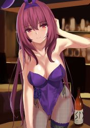 Rule 34 | animal ears, bar (place), bare shoulders, breasts, bridal garter, cleavage, fake animal ears, fate/grand order, fate (series), hair intakes, hand in own hair, kesoshirou, large breasts, leotard, long hair, official alternate costume, pantyhose, playboy bunny, purple hair, rabbit ears, red eyes, scathach (fate), scathach (piercing bunny) (fate), solo, strapless, strapless leotard, thighs, wrist cuffs