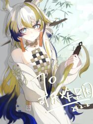 Rule 34 | 1girl, arknights, arm between legs, bare shoulders, blonde hair, blue eyes, blue hair, blush, closed mouth, cowboy shot, dragon girl, dragon horns, dragon tail, dutch angle, earrings, grey hair, hair between eyes, hair intakes, highres, holding, holding sword, holding weapon, horns, jacket, jewelry, lai yifen zhayushutiao, long hair, long sleeves, looking at viewer, multicolored hair, necklace, off shoulder, open clothes, open jacket, pants, pointy ears, red pupils, rice (plant), shirt, shu (arknights), sidelocks, smile, solo, strapless, strapless shirt, streaked hair, sword, tail, tassel, tassel earrings, translation request, very long hair, weapon, white jacket, white pants, white shirt