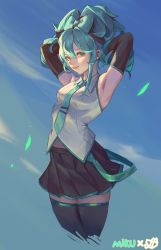 Rule 34 | 1girl, absurdres, alternate hairstyle, aqua bow, aqua eyes, aqua hair, aqua necktie, armpits, arms behind head, arms up, black thighhighs, blue background, bow, breasts, character name, cinnamiku, closed mouth, collared shirt, cropped legs, detached sleeves, eyelashes, floating clothes, grey shirt, hair between eyes, hair bow, hair ornament, hands in hair, hatsune miku, highres, looking at viewer, midriff peek, miniskirt, necktie, pleated skirt, shirt, skirt, smile, solo, thighhighs, tie clip, untucked shirt, updo, vocaloid, wind, yuke (pixiv30322783), zettai ryouiki