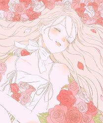 Rule 34 | 1girl, bare shoulders, blonde hair, closed eyes, dress, flower, hair spread out, highres, long hair, lying, neck ribbon, on back, original, parted lips, petals, pink flower, pink rose, red flower, red rose, ribbon, rose, shim 46, sleeveless, sleeveless dress, solo, spaghetti strap, tears, upper body, white dress, white flower, white ribbon, white rose
