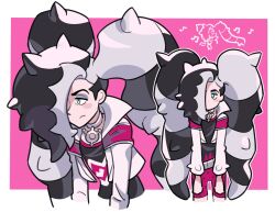 Rule 34 | 1boy, alternate hairstyle, bike shorts, black hair, blush, blush stickers, border, closed mouth, creatures (company), cropped jacket, eyeshadow, frown, game freak, green eyes, grey eyeshadow, hair over one eye, highres, jacket, leaning forward, long hair, long sleeves, loveycloud, makeup, male focus, multicolored hair, multiple views, nintendo, open clothes, open jacket, outstretched arms, pale skin, pendant choker, piers (pokemon), pink background, pokemon, pokemon swsh, simple background, spread arms, twintails, two-tone hair, white border, white hair, white jacket