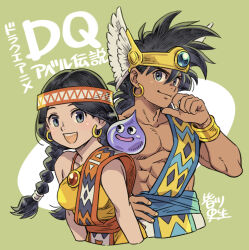 Rule 34 | 1boy, 1girl, black hair, bracer, braid, character request, closed mouth, cropped torso, dragon quest, dragon quest dai no daibouken, grey eyes, headband, highres, looking at viewer, minafumi, muscular, muscular male, open mouth, pants, simple background, slime (dragon quest), smile, spiked hair, twin braids, upper body